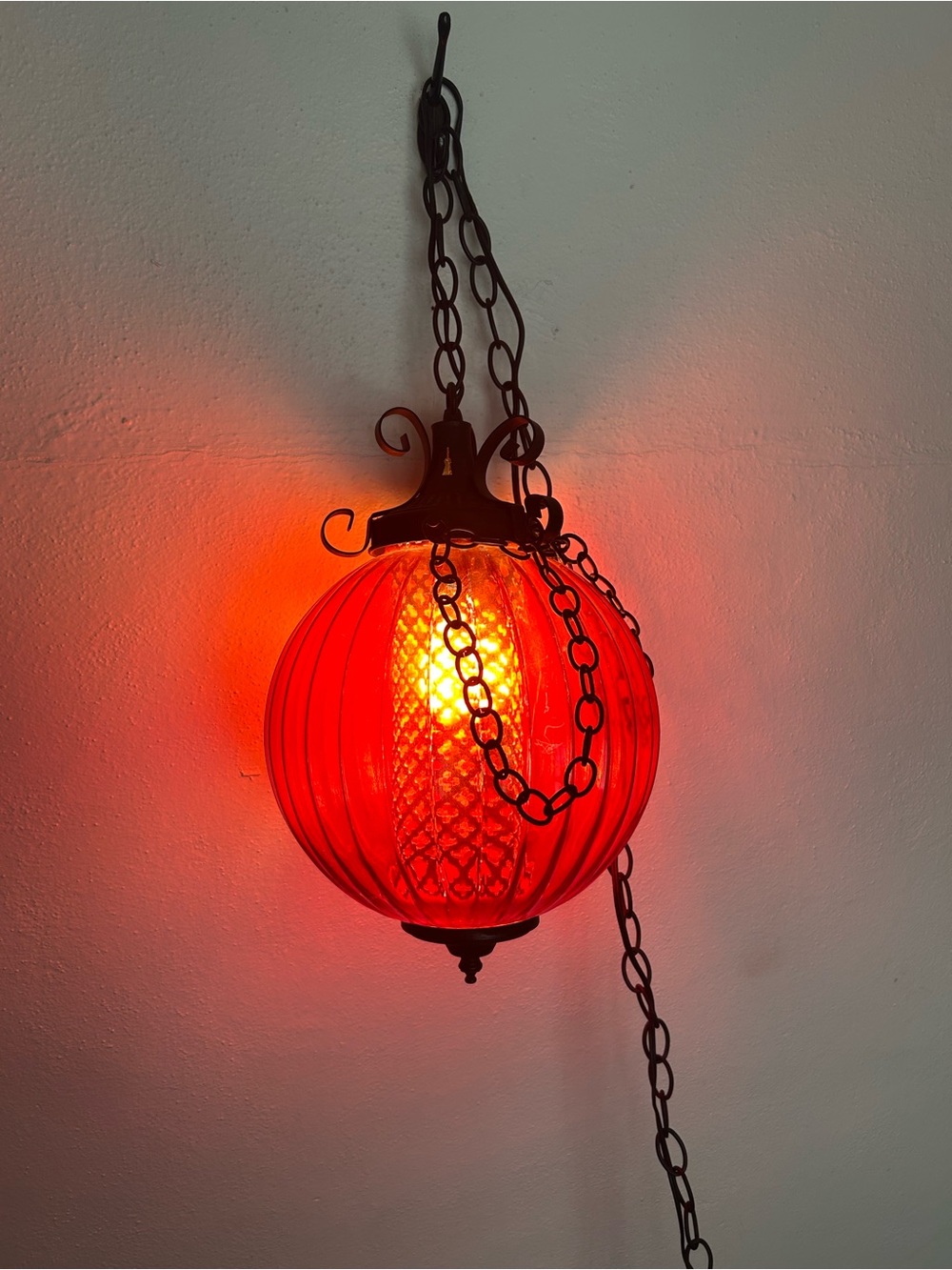 Vintage Swag Lamp Red Glass Globe Mid Century Ceiling Chain